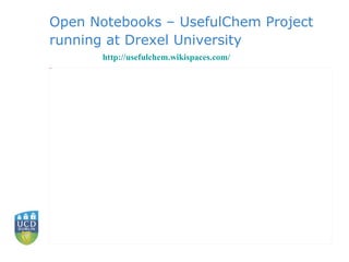 Open Notebooks – UsefulChem Project running at Drexel University http:// usefulchem.wikispaces.com / 