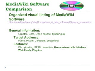 http://en.wikipedia.org/wiki/Comparison_of_wiki_software#General_information
Organized visual listing of MediaWiki
Software
General Information:
Creator, Cost, Open source, Multilingual
Target Audience:
Public, Private, Corporate. Educational
Features:
File uploading, SPAM prevention, User-customizable interface,
Web Feeds, Plug-ins
 