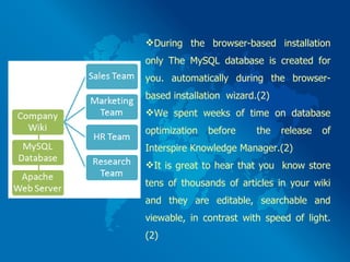 During the browser-based installation only The MySQL database is created for you. automatically during the browser-based installation  wizard.(2)  We spent weeks of time on database optimization before  the release of Interspire Knowledge Manager.(2) It is great to hear that you  know store tens of thousands of articles in your wiki and they are editable, searchable and viewable, in contrast with speed of light.(2)  