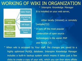 WORKING OF WIKI IN ORGANIZATION   “  Interspire Knowledge Manager    It is installed on your web server,  either locally (intranet) or remotely    (website)”(2)   “  It runs off the most popular  combination of open source  technologies in the world: PHP and MySQL”(2) “  When wiki is accessed by Your staff, the changes are saved to a highly optimized MySQL database. Interspire Knowledge Manager includes a built-in backup system which means it takes just a few clicks to create a copy of your wiki, which you can then store offsite for safe keeping”(2)  