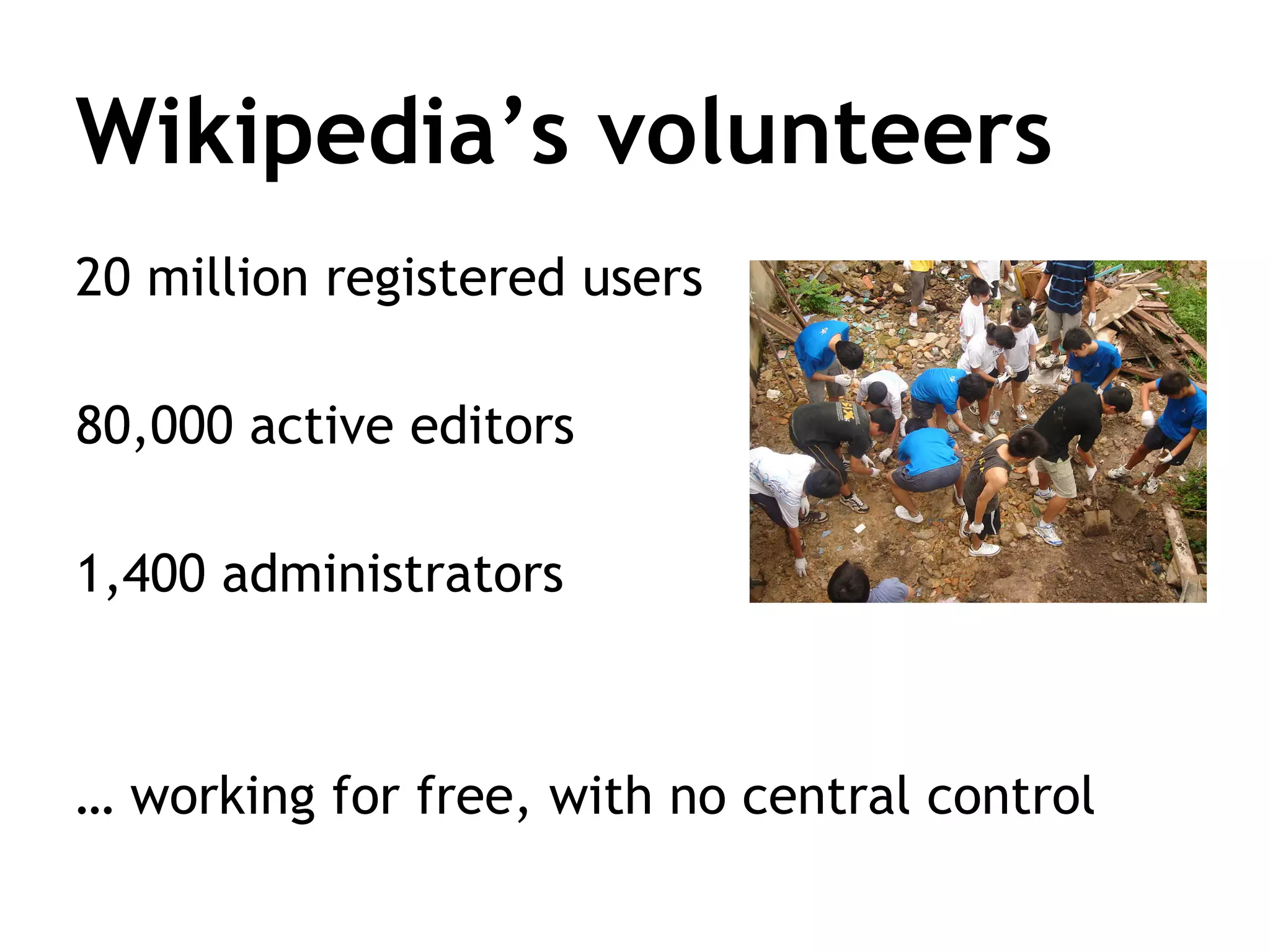 Wikipedia’s scale
30m articles, 4m English
16 million images
8000 views per second
500 million unique visitors per month
3.7 billion monthly mobile pageviews
2.1 billion edits, 700 million English

 