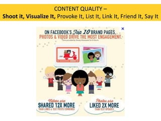 CONTENT QUALITY –
Shoot it, Visualize It, Provoke It, List It, Link It, Friend It, Say It

 