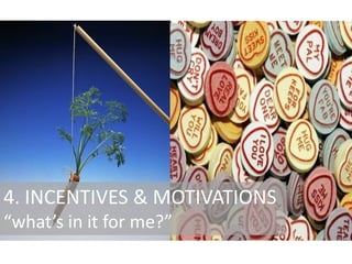 4. INCENTIVES & MOTIVATIONS
“what’s in it for me?”

 