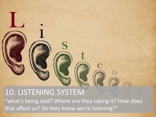10. LISTENING SYSTEM
“what’s being said? Where are they saying it? How does
that affect us? Do they know we’re listening?”

 