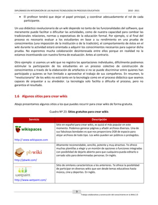 DIPLOMADO EN INTEGRACIÓN DE LAS NUEVAS TECNOLOGÍAS EN PROCESOS EDUCATIVOS

2010 - 2011

 El profesor tendrá que dejar el papel principal, y coordinar adecuadamente el rol de cada
participante.
Un uso didáctico revolucionario de un wiki depende no tanto de las funcionalidades del software, que
meramente puede facilitar o dificultar las actividades, como de nuestra capacidad para cambiar las
tradicionales relaciones, normas y expectativas de la educación formal. Por ejemplo, si al final del
proceso es necesario evaluar a los estudiantes en base a su rendimiento en una prueba de
conocimientos (una imposición de la institución o de la tradición), el comportamiento de éstos en el
wiki durante la actividad estará orientada a adquirir los conocimientos necesarios para superar dicha
prueba. No esperemos mucha colaboración desinteresada entre ellos porque en realidad no la
estamos incentivando con nuestra forma de evaluación. Antes al contrario.
Otro ejemplo: si usamos un wiki que no registra las aportaciones individuales, difícilmente podremos
estimular la participación de los estudiantes en un proceso colectivo de construcción de
conocimientos a través de la elaboración de artefactos si no se puede discriminar entre quienes han
participado y quienes se han limitado a aprovechar el trabajo de sus compañeros. En resumen, lo
“revolucionario” de los wikis no está tanto en la tecnología como en el proceso didáctico que seamos
capaces de orquestar a su alrededor. La tecnología solo facilita o dificulta el proceso, pero no
garantiza el resultado.

1.6 Algunos sitios para crear wikis
Abajo presentamos algunos sitios a los que puedes recurrir para crear wikis de forma gratuita.
Cuadro Nº 23: Sitios gratuitos para crear wikis
Servicio

Descripción
Sitio en español para crear wikis, es quizá el más popular en este
momento. Podemos generar páginas y añadir archivos diversos. Una de
sus fabulosas bondades es que nos proporciona 2GB de espacio para
alojar archivos de todo tipo. Los wikis pueden ser públicos o protegidos.

http:// www.wikispaces.com
Altamente recomendable, sencillo, potente y muy atractivo. Te ofrece
muchas plantillas a elegir y un montón de opciones o funciones integradas
con posibilidad de dejarlo abierto para que cualquiera pueda editarlo o
cerrado sólo para determinadas personas. En inglés.
http://pbwiki.com/
Sitio de similares características a los anteriores. Te ofrece la posibilidad
de participar en diversos wikis que van desde temas educativos hasta
música, cine y deportes. En inglés.
http://www.wetpaint.com/

9
Trabajo colaborativo y construcción del conocimiento en la Web 2.0

 