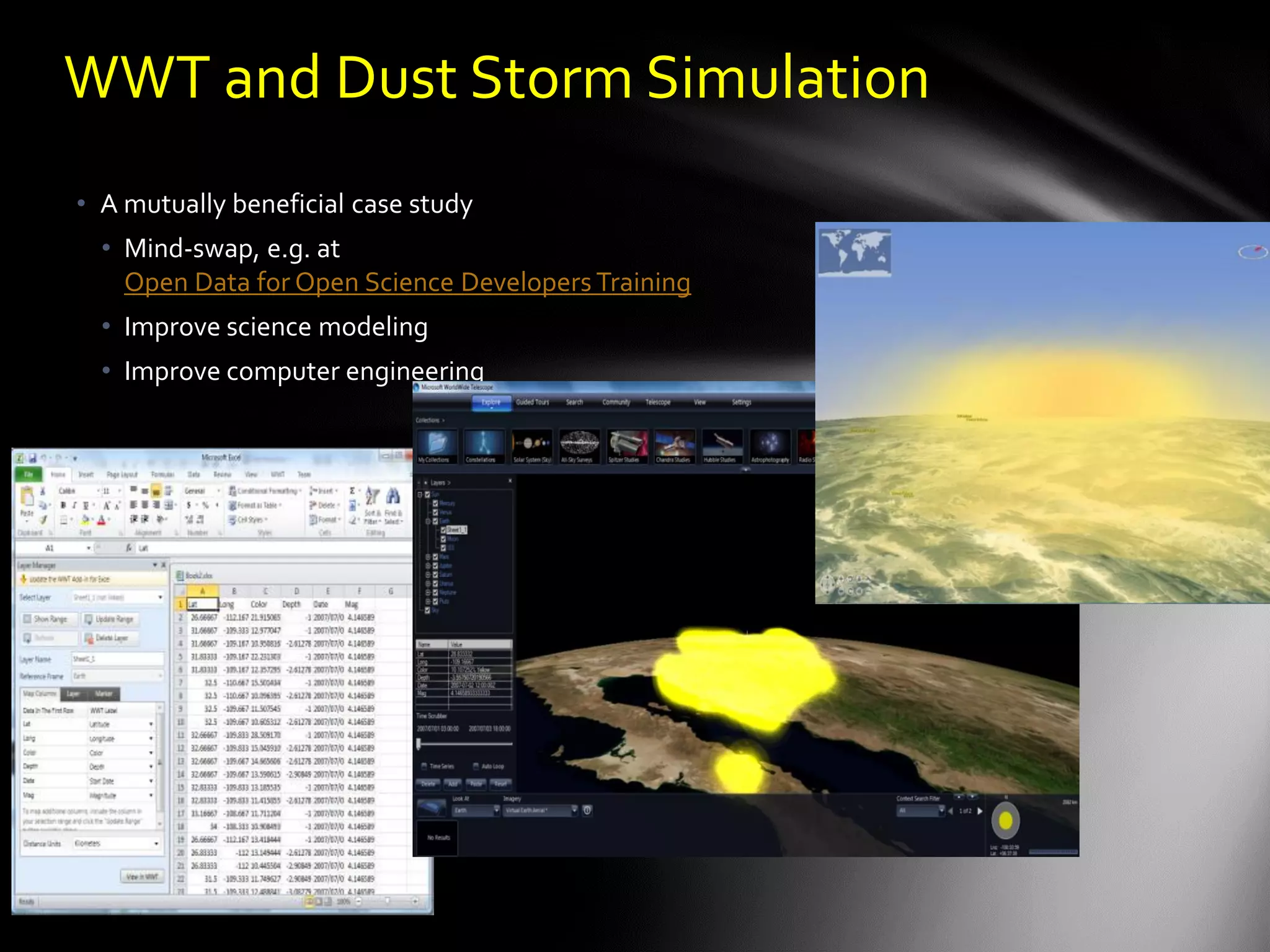 WWT and Dust Storm Simulation
• A mutually beneficial case study
  • Mind-swap, e.g. at
    Open Data for Open Science Developers Training
  • Improve science modeling
  • Improve computer engineering
 