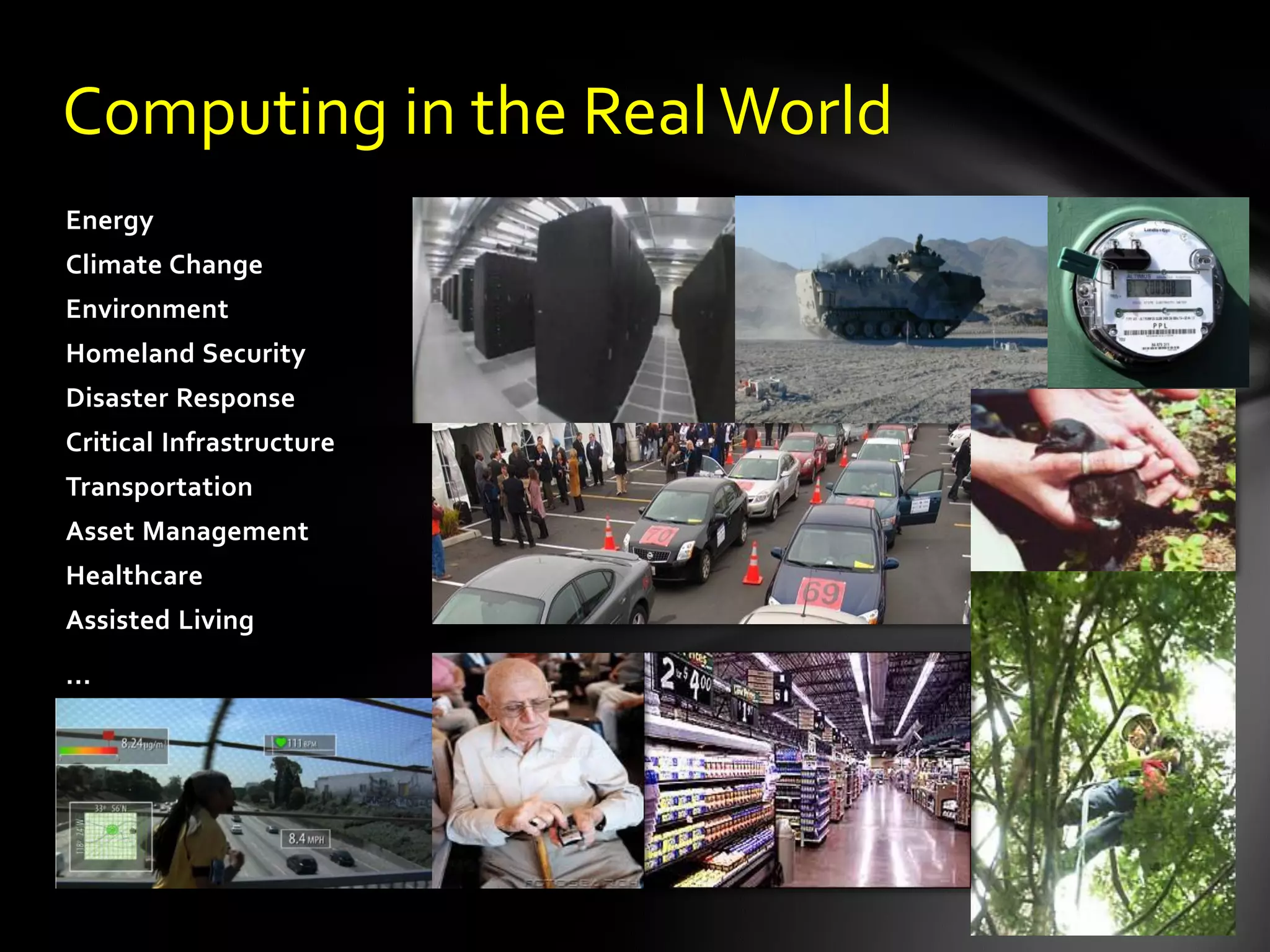 Computing in the Real World
Energy
Climate Change
Environment
Homeland Security
Disaster Response
Critical Infrastructure
Transportation
Asset Management
Healthcare
Assisted Living
...
 