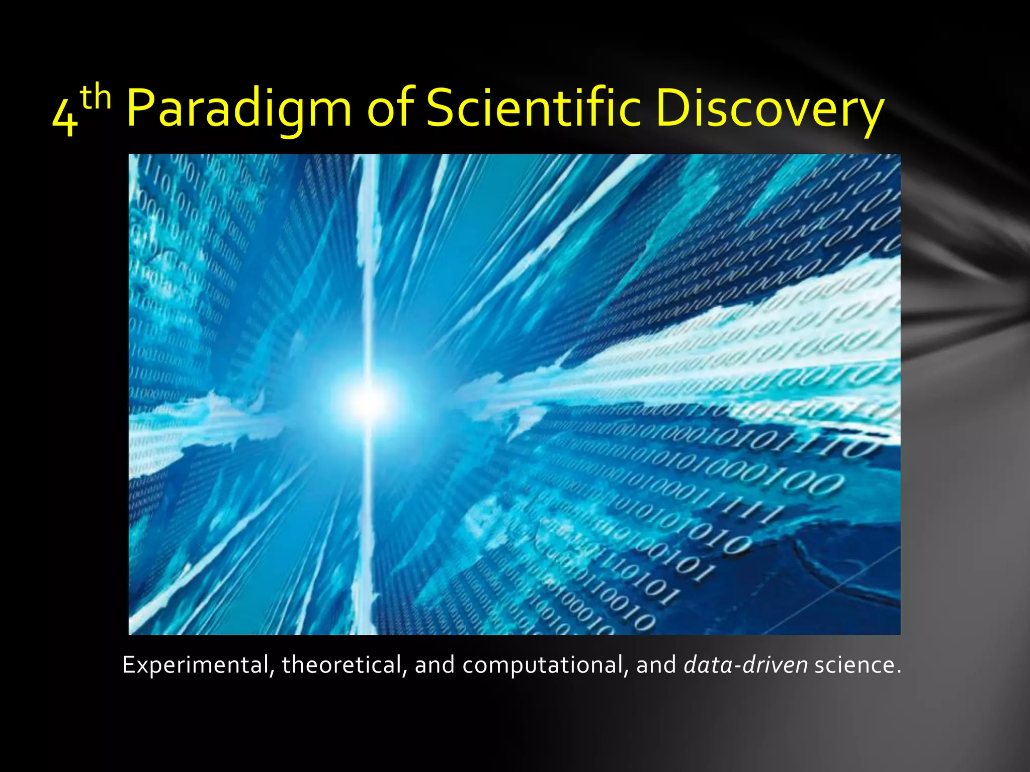 4th Paradigm of Scientific Discovery




   Experimental, theoretical, and computational, and data-driven science.
 