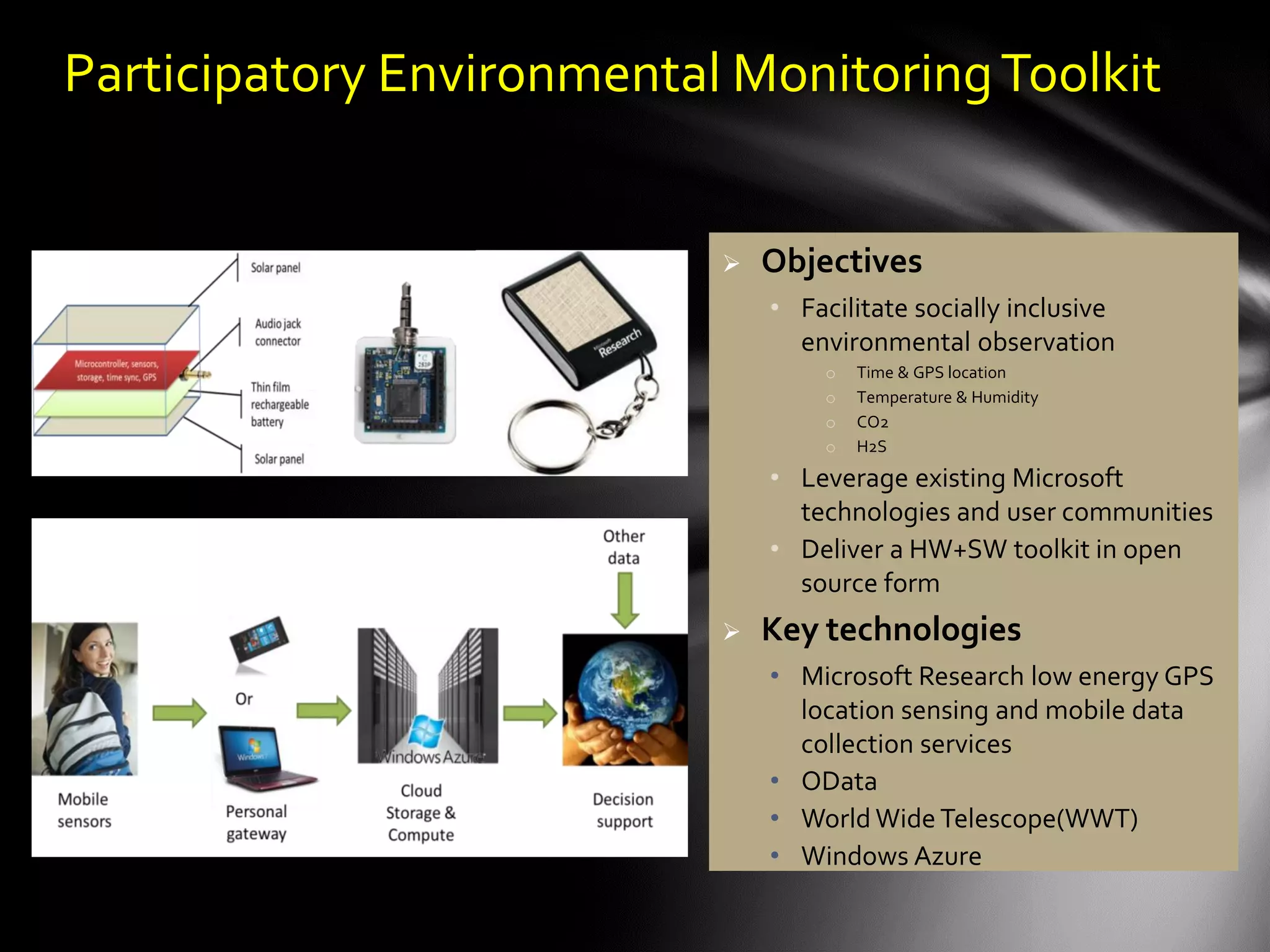 Participatory Environmental Monitoring Toolkit


                              Objectives
                               • Facilitate socially inclusive
                                 environmental observation
                                   o   Time & GPS location
                                   o   Temperature & Humidity
                                   o   CO2
                                   o   H2S
                               • Leverage existing Microsoft
                                 technologies and user communities
                               • Deliver a HW+SW toolkit in open
                                 source form
                              Key technologies
                               • Microsoft Research low energy GPS
                                 location sensing and mobile data
                                 collection services
                               • OData
                               • World Wide Telescope(WWT)
                               • Windows Azure
 