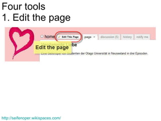 Four tools 1. Edit the page http://seifenoper.wikispaces.com/   