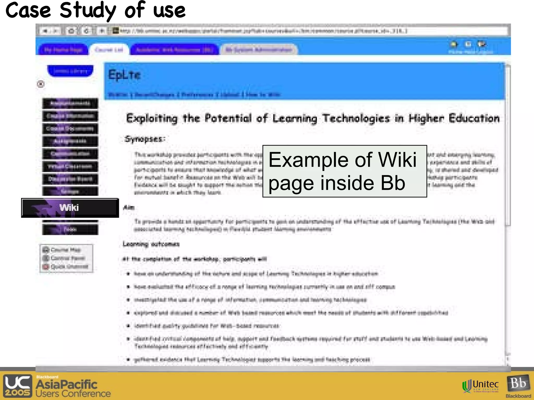 Case Study of use   Example of Wiki page inside Bb 