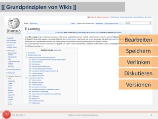 [[ Grundprinzipien von Wikis ]]
Wikis in der Hochschullehre 4
Bearbeiten
Speichern
Verlinken
Diskutieren
Versionen
01.06.2012
 