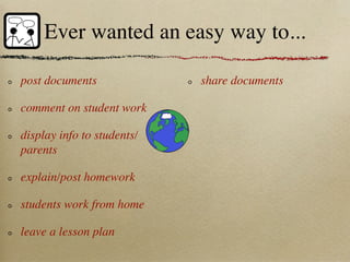 Ever wanted an easy way to...

post documents              share documents

comment on student work

display info to students/
parents

explain/post homework

students work from home

leave a lesson plan
 