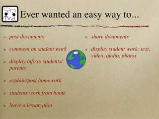 Ever wanted an easy way to...

post documents              share documents

comment on student work     display student work: text,
                            video, audio, photos
display info to students/
parents

explain/post homework

students work from home

leave a lesson plan
 