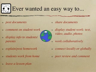 Ever wanted an easy way to...

post documents              share documents

comment on student work     display student work: text,
                            video, audio, photos
display info to students/
parents                     work collaboratively

explain/post homework       connect locally or globally

students work from home     peer review and comment

leave a lesson plan
 