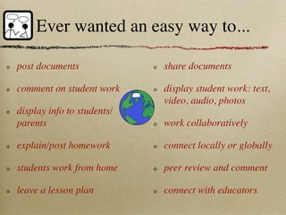 Ever wanted an easy way to...

post documents              share documents

comment on student work     display student work: text,
                            video, audio, photos
display info to students/
parents                     work collaboratively

explain/post homework       connect locally or globally

students work from home     peer review and comment

leave a lesson plan         connect with educators
 