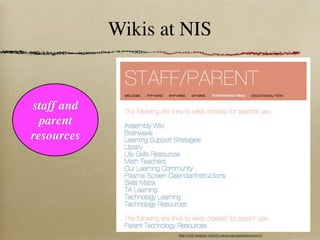 Wikis at NIS


staff and
  parent
resources




                    http://wiki.nanjing-school.com/groups/parentresources/
 