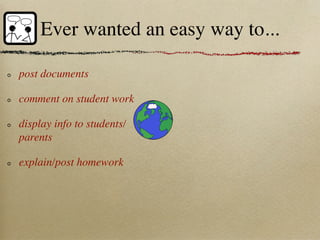 Ever wanted an easy way to...

post documents

comment on student work

display info to students/
parents

explain/post homework
 