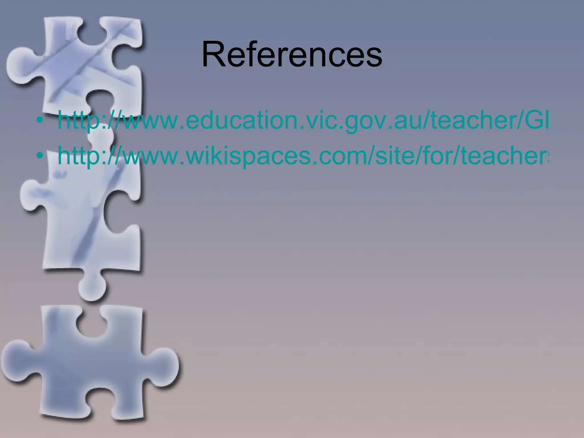 References http://www.education.vic.gov.au/teacher/Global/wiki.htm http://www.wikispaces.com/site/for/teachers100K 