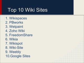 Top 10 Wiki Sites
1. Wikispaces
2. PBworks
3. Wetpaint
4. Zoho Wiki
5. FreedomShare
6. Wikia
7. Wikispot
8. Wiki-Site
9. Weebly
10.Google Sites

 