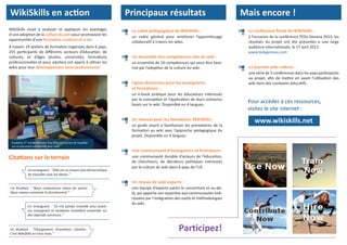 WikiSkills visait à analyser et appliquer les avantages
pour promouvoir les
opportunités d’une
.

wikis pour leur

résultats du projet ont été présentés à une large

-

.

visitez le site internet :
un guide visant à familiariser les prestataires de la

Étudiants 1ère

de travailler avec les élèves.

-

Nous comprenons mieux les autres.

Je n’ai jamais travaillé ainsi avant.
Les enseignant et étudiants travaillent ensemble sur

C’est WikiSkills en trois mots.

du wiki.

 