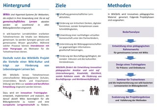 Hintergrund                                       Ziele                                            Methoden
Wikis sind Hypertext‐Systeme für Webseiten,          Schaffung gemeinschaftlicher Lern‐            In WikiSkills wird innovatives pädagogisches
die einfach in ihrer Anwendung sind. Da sie auf      aktivitäten,                                  Material generiert. Folgende Projektphasen
                                                                                                   sind vorgesehen:
gemeinschaftliches Lernen abzielen
                                                     Förderung von kritischem Denken, digitaler
werden       sie     zunehmend     in     allen
                                                     Kenntnisse, sozialer Kompetenzen sowie
Bildungsbereichen eingesetzt.
                                                     Schreibfähigkeiten,
                                                                                                                 Bedarfsanalyse
In wiki‐basierten Lernaktivitäten erarbeiten
                                                     Entwicklung einer nachhaltigen virtuellen
TeilnehmerInnen die Inhalte von Webseiten
                                                     Gemeinschaft unter den Partnerländern,
gemeinsam. So werden Synergien genutzt und
gemeinsames Wissen geschaffen. Während
                                                     Unterstützung der Bildungsgemeinschaften
solcher Prozesse können Interaktionen mit                                                              Entwicklung eines pädagogischen
                                                     zur gegenwärtigen Informations‐
einer Peergruppe als Motivator für die                                                                          Rahmenwerks
                                                     gesellschaft beizutragen,
TeilnehmerInnen dienen.                                                                                 für gemeinsames Lernen mit Wikis
                                                     Förderung der Beschäftigungsfähigkeit, der
                                                     sozialen Inklusion und des kulturellen
                                                     Verständnisses.
                                                                                                          Design eines Trainingplans
                                                  WikiSkills fördert die Entwicklung innovativer           für Präsenz‐ und Onlinekurse
                                                  pädagogischer Ansätze und setzt auf
                                                  Unternehmergeist, Kreativität, Gleichheit,
Mit    WikiSkills   lernen     TeilnehmerInnen
                                                  soziale Kohäsion sowie die Förderung von
unterschiedlicher Bildungsbereiche (Schulen,
                                                  Beschäftigungs‐ und Wettbewerbsfähigkeit.                Seminar für TrainerInnen
Universitäten, Berufs‐ und Erwachsenen‐
bildung) wie Wikis zur sozialen und beruflichen                                                    und die Implementierung von wiki‐basierten
Entwicklung eingesetzt werden können.                                                                   Lernszenarien im Bildungsbereich

Dazu wird ein innovativer Trainingsplan
entwickelt, implementiert und evaluiert, der
                                                                                                      Evaluierung der Projektergebnisse
darauf abzielt Wikis bestmöglich für alle
                                                                                                          und Validierung der Methoden
Bildungsbereiche zu nutzen und eine
europäische Lerngemeinschaft zu fördern.
 