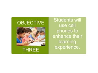 Students will 
use cell 
phones to 
enhance their 
learning 
experience. 
OBJECTIVE 
THREE 
 