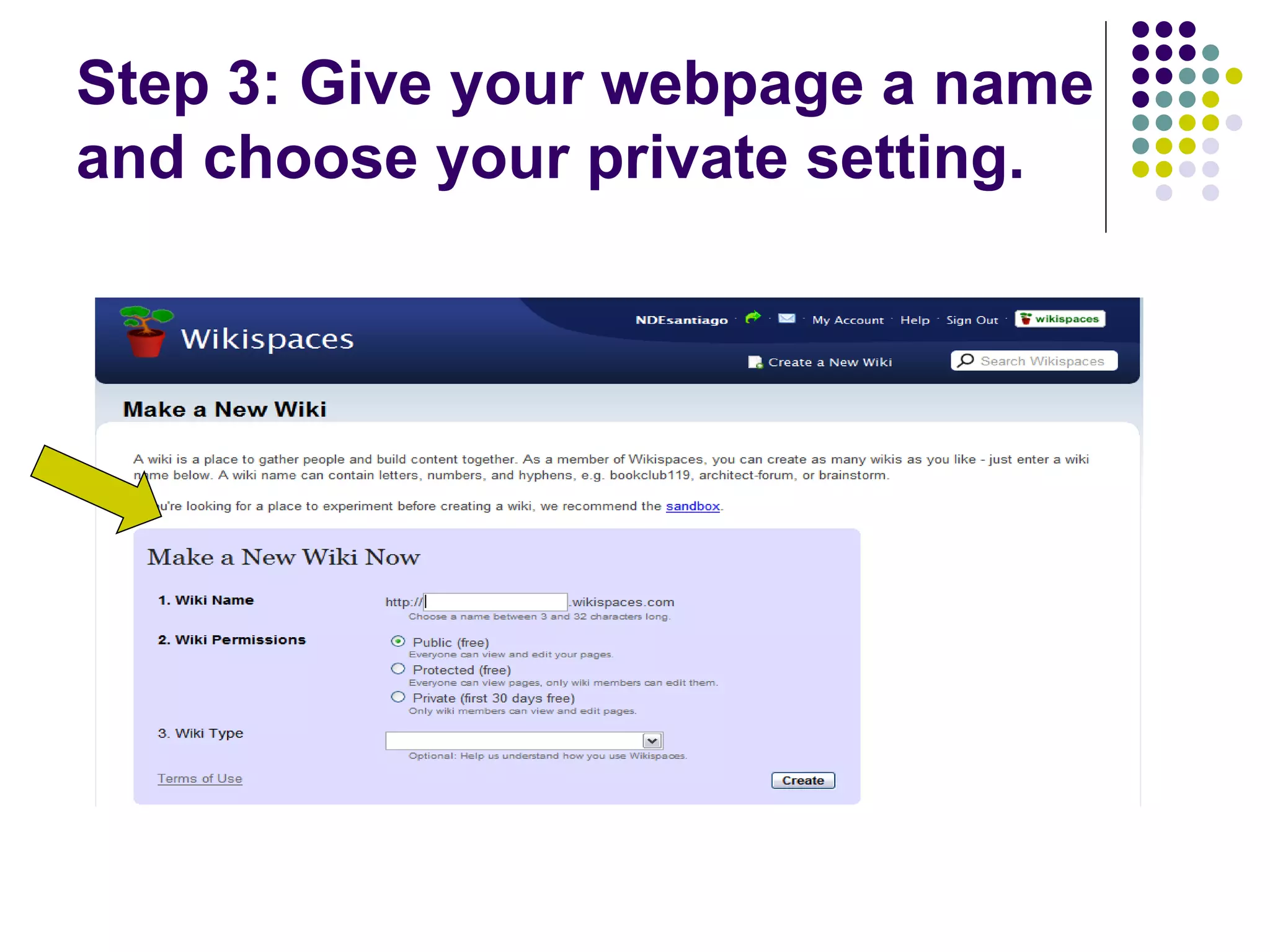Step 3: Give your webpage a name and choose your private setting. 