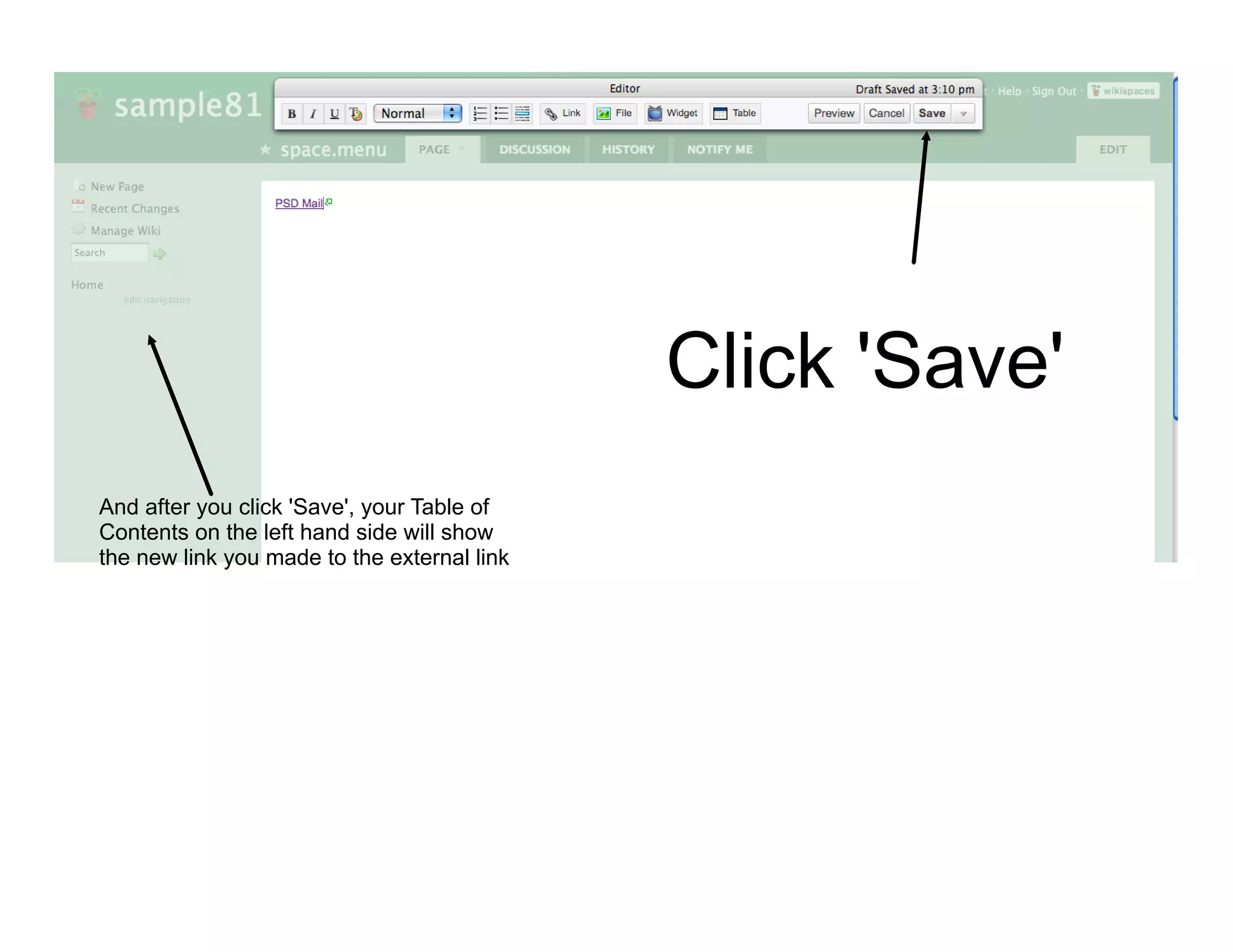 Click 'Save'
And after you click 'Save', your Table of
Contents on the left hand side will show
the new link you made to the external link
 