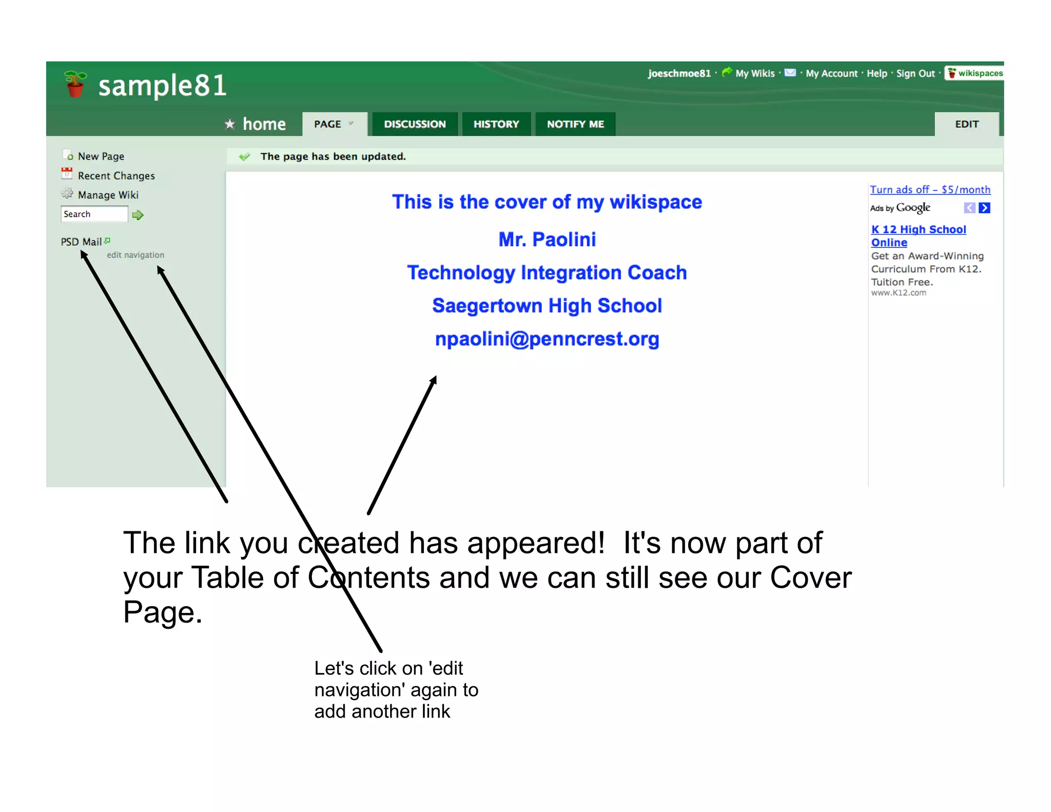 The link you created has appeared! It's now part of
your Table of Contents and we can still see our Cover
Page.
             Let's click on 'edit
             navigation' again to
             add another link
 