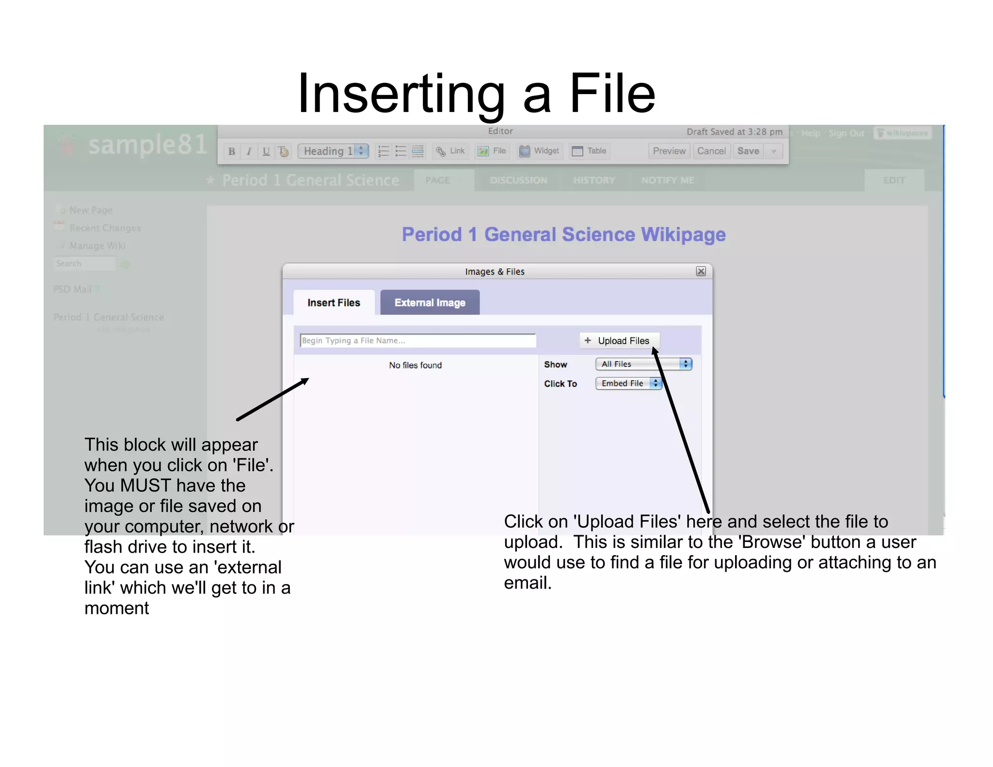 Inserting a File




This block will appear
when you click on 'File'.
You MUST have the
image or file saved on
your computer, network or                Click on 'Upload Files' here and select the file to
flash drive to insert it.                upload. This is similar to the 'Browse' button a user
You can use an 'external                 would use to find a file for uploading or attaching to an
link' which we'll get to in a            email.
moment
 