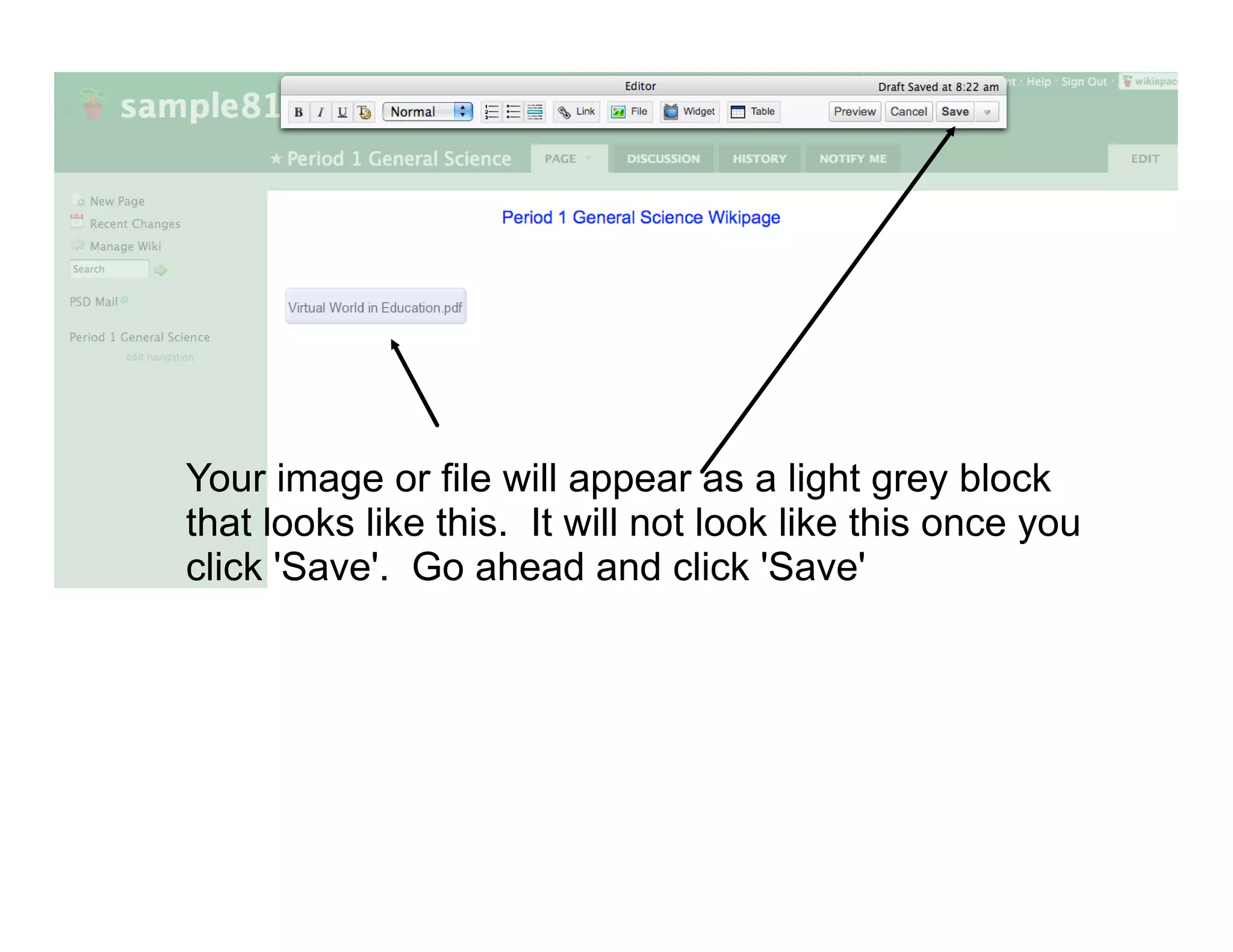 Your image or file will appear as a light grey block
that looks like this. It will not look like this once you
click 'Save'. Go ahead and click 'Save'
 