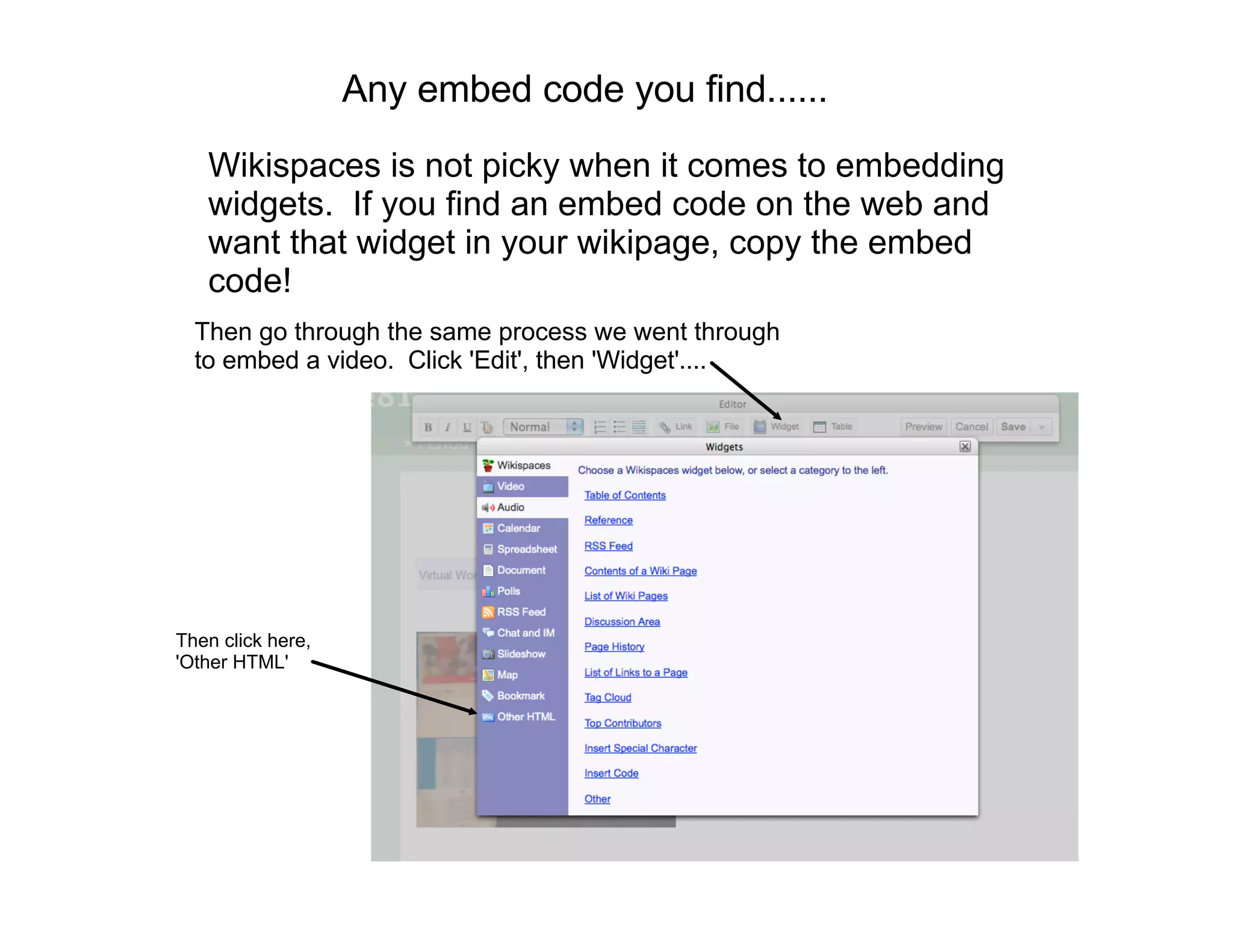 Any embed code you find......
   Wikispaces is not picky when it comes to embedding
   widgets. If you find an embed code on the web and
   want that widget in your wikipage, copy the embed
   code!
  Then go through the same process we went through
  to embed a video. Click 'Edit', then 'Widget'....




Then click here,
'Other HTML'
 