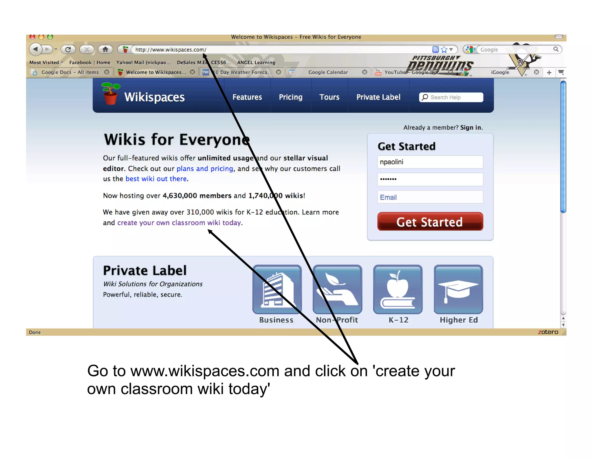 Go to www.wikispaces.com and click on 'create your
own classroom wiki today'
 