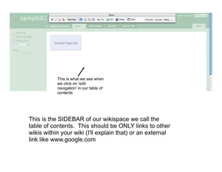 This is what we see when
           we click on 'edit
           navigation' in our table of
           contents




This is the SIDEBAR of our wikispace we call the
table of contents. This should be ONLY links to other
wikis within your wiki (I'll explain that) or an external
link like www.google.com
 