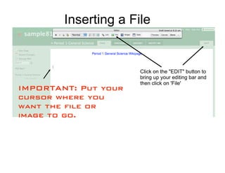 Inserting a File


                      Click on the "EDIT" button to
                      bring up your editing bar and
                      then click on 'File'
IMPORTANT: Put your
cursor where you
want the file or
image to go.
 