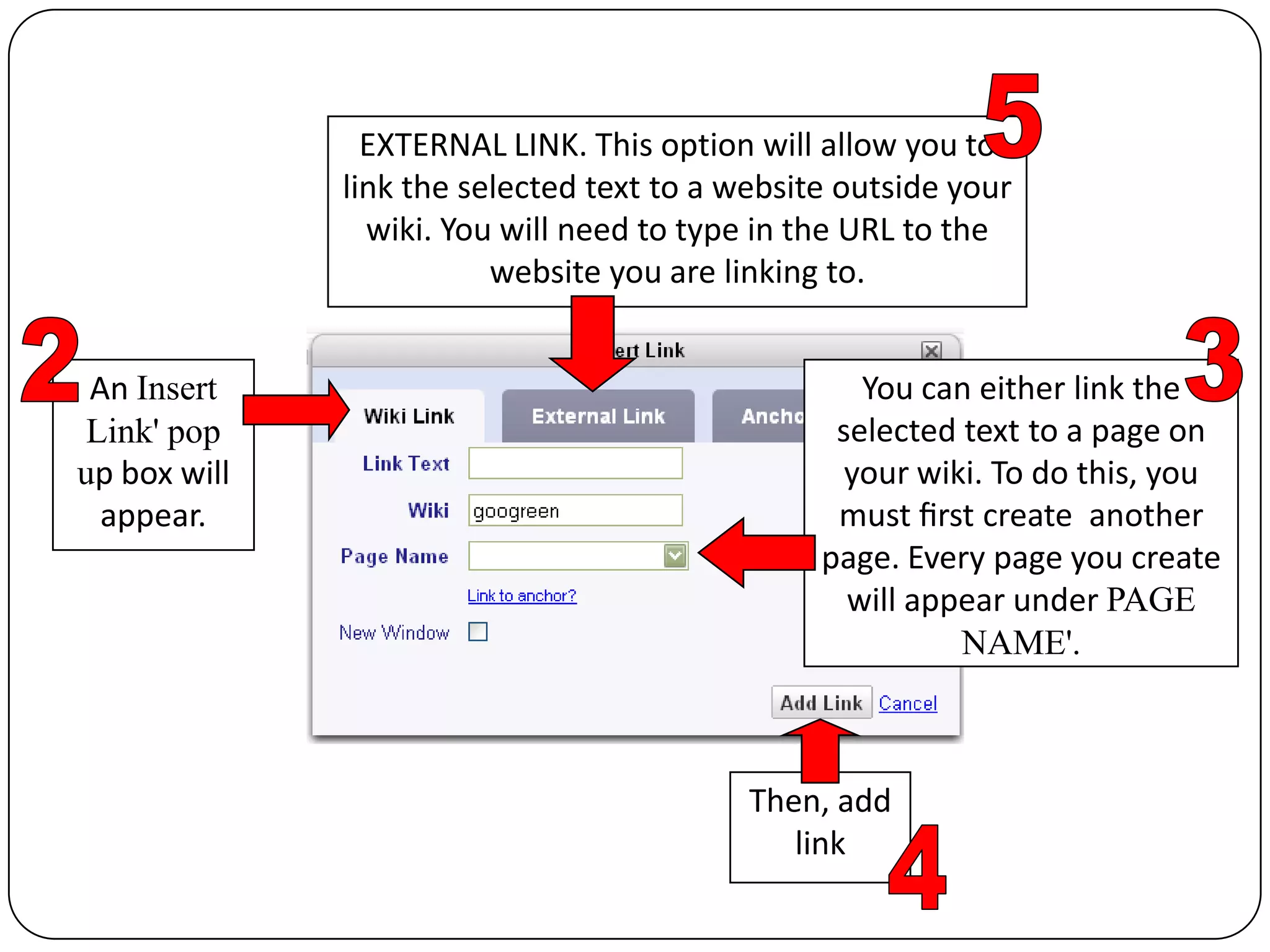 5EXTERNAL LINK. This option will allow you to link the selected text to a website outside your wiki. You will need to type in the URLto the website you are linking to.23An Insert Link' pop up box will appear.You can either link theselected text to a page on your wiki. To do this, you must ﬁrst create  another page. Every page you create will appear under PAGE NAME'.Then, add link4
