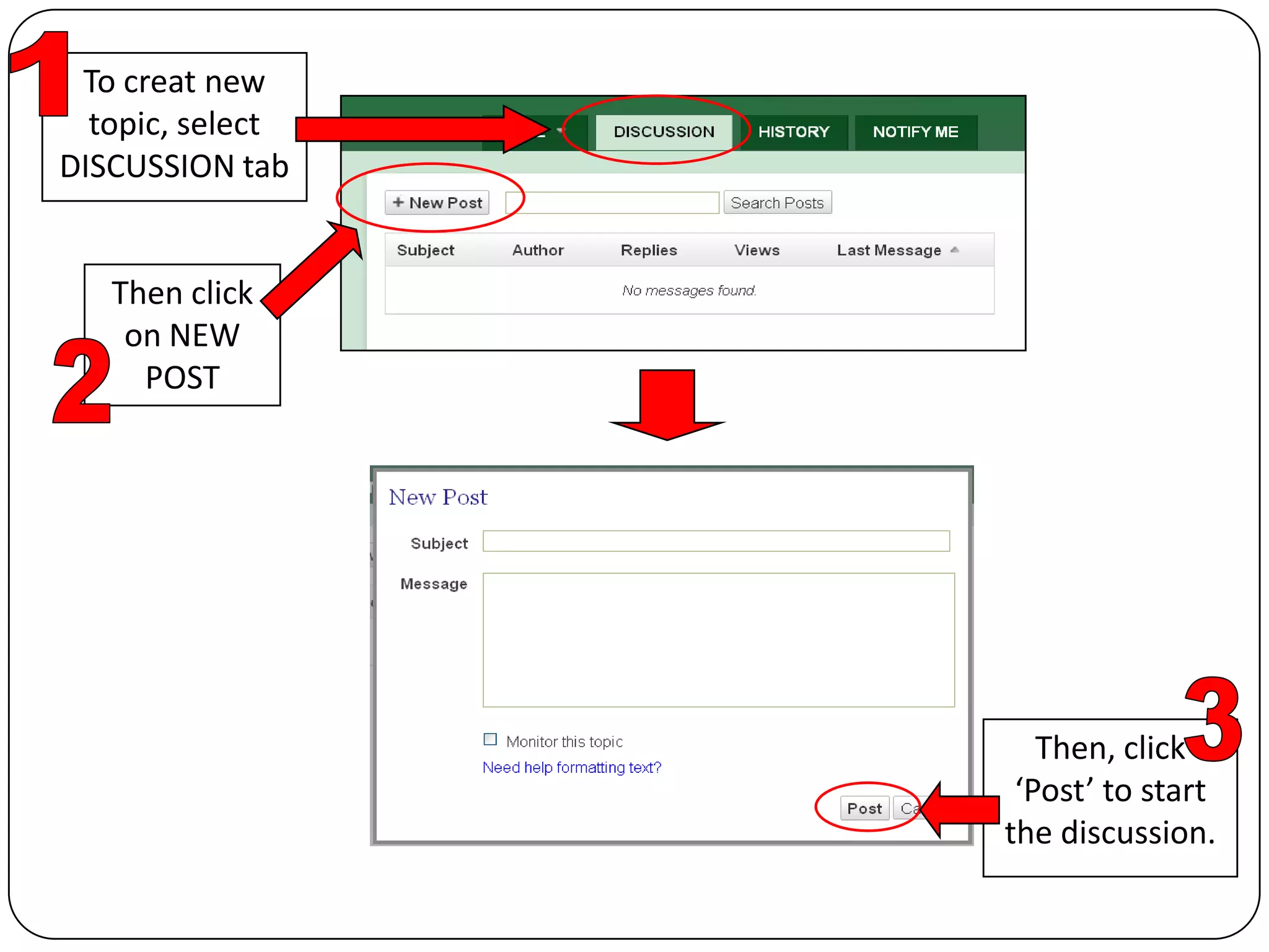 1To creat new topic, select DISCUSSION tabThen click on NEW POST23Then, click ‘Post’ to start the discussion.
