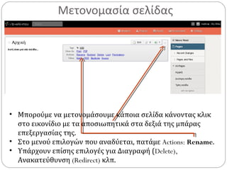 Μετονομασία σελίδας
• Μπορούμε να μετονομάσουμε κάποια σελίδα κάνοντας κλικ
στο εικονίδιο με τα αποσιωπητικά στα δεξιά της μπάρας
επεξεργασίας της.
• Στο μενού επιλογών που αναδύεται, πατάμε Actions: Rename.
• Υπάρχουν επίσης επιλογές για Διαγραφή (Delete),
Ανακατεύθυνση (Redirect) κλπ.
 