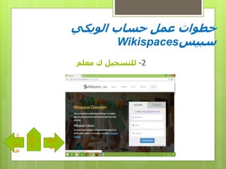 ‫ال‬ ‫حساب‬ ‫عمل‬ ‫خطوات‬‫ويكي‬
‫سبيس‬Wikispaces
2-‫للتسجيل‬‫معلم‬ ‫ك‬
‫التال‬
‫ى‬
‫ال‬
‫سا‬
‫بق‬
‫القائم‬
‫ة‬
 