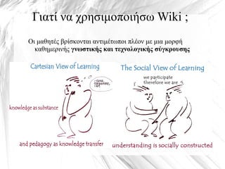 Γιατί να χρησιμοποιήσω Wiki ;
Οι μαθητές βρίσκονται αντιμέτωποι πλέον με μια μορφή
καθημερινής γνωστικής και τεχνολογικής σύγκρουσης
 