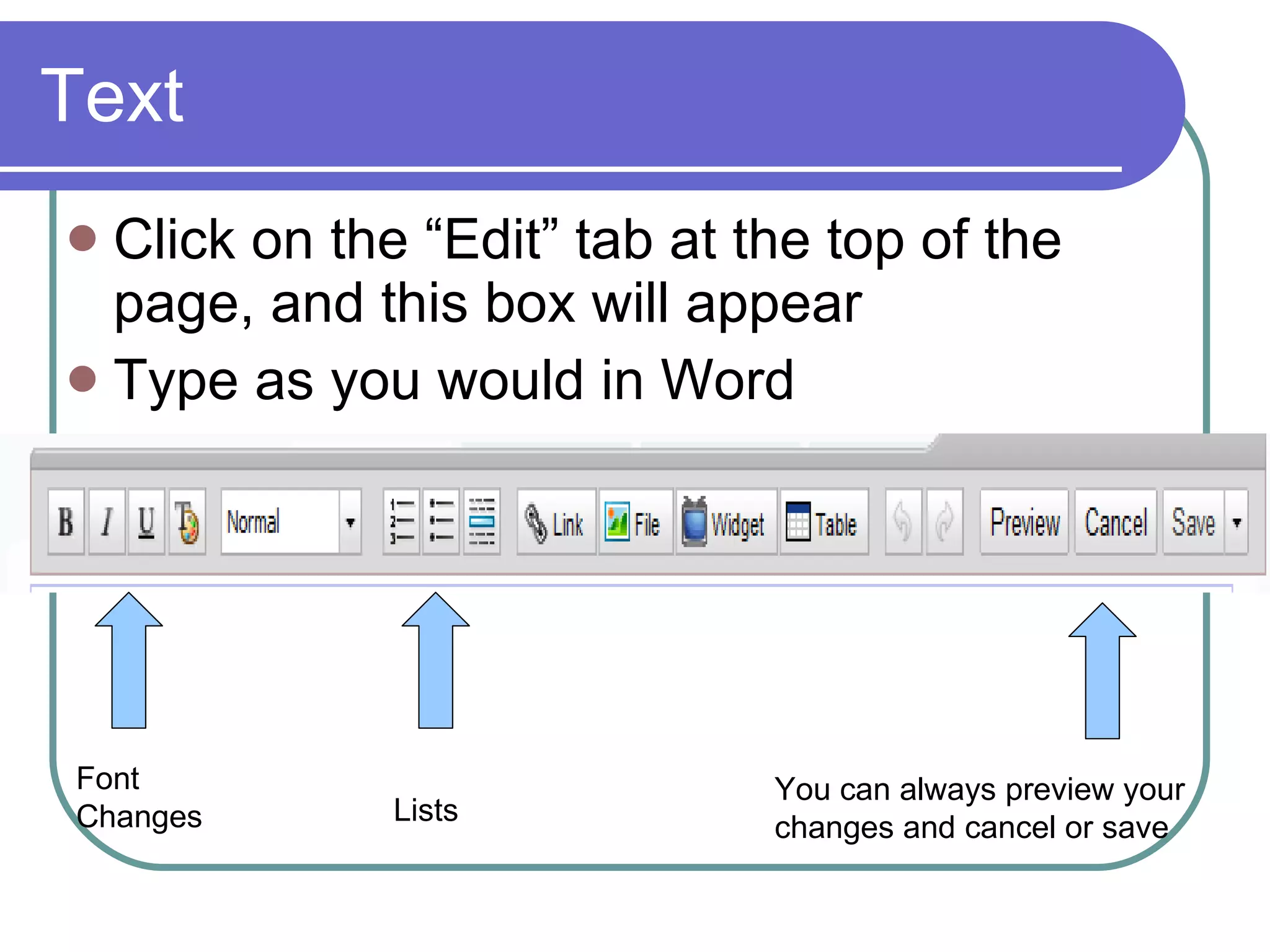 Text Click on the “Edit” tab at the top of the page, and this box will appear Type as you would in Word Font Changes Lists You can always preview your changes and cancel or save 