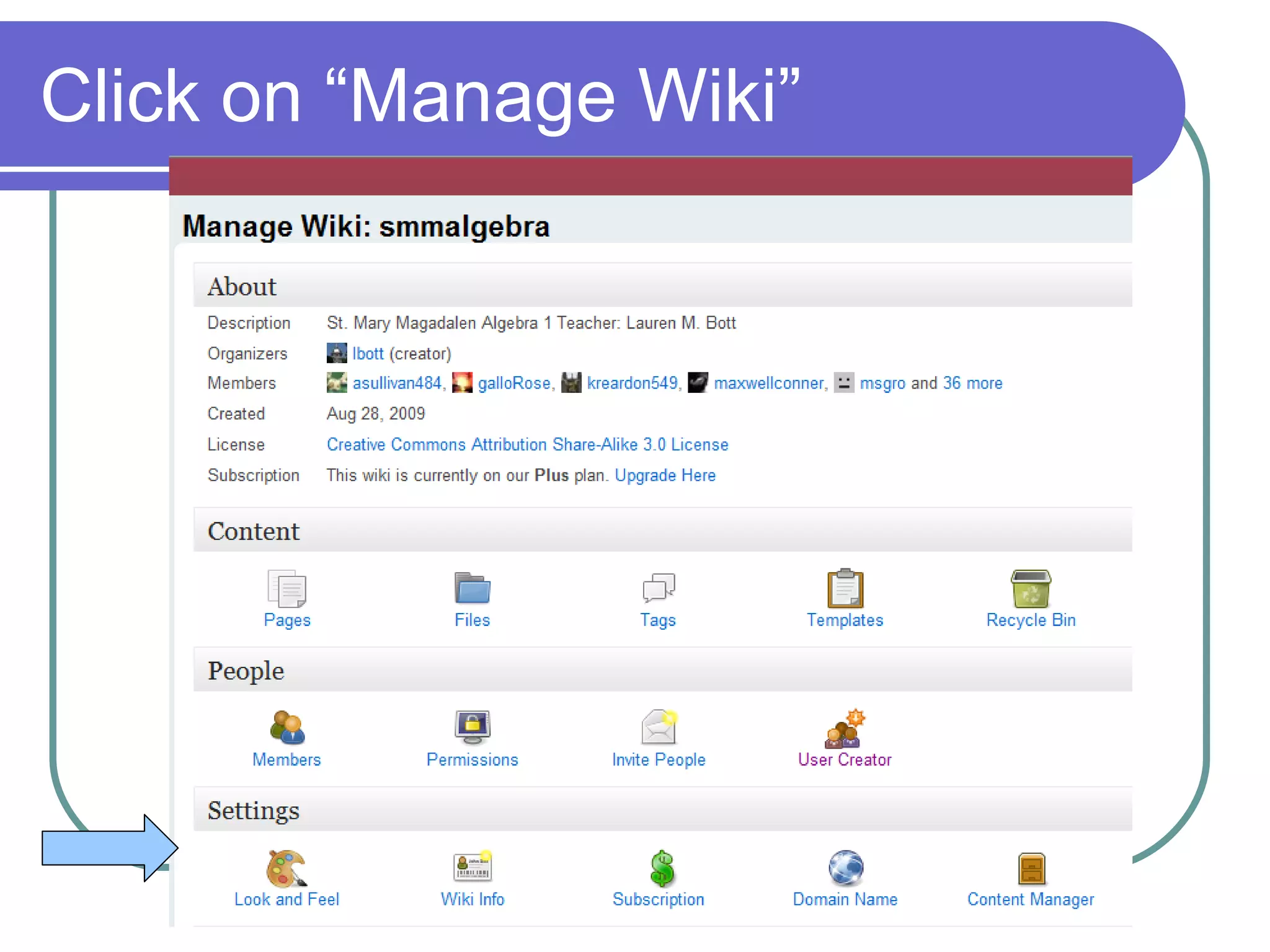Click on “Manage Wiki” 