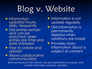 Blog v. Website Information updated hourly, daily, frequently Old entries remain and can be searched; older entries are time and date stamped Free to create and upload Allows collaborative communication Information is not update regularly Old information is permanently deleted when additions are made Provides static information about a subject or content Both are found on the internet, can be maintained by anyone, and contain information, pictures, and links. 