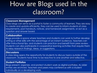 How are Blogs used in the classroom? Student Portfolios Blogs present, organize, and protect student work as digital portfolios. As older entries are archived. Teachers and peers may conference with a student individually on a developing work. Discussions A class blog opens the opportunity for students to discuss topics outside of the classroom. Students have time to be reactive to one another and reflective.  Collaboration Blogs provide a space where teachers and students can work to further develop writing or other skills with the advantage of an instant audience. Teachers can offer instructional tips, and students can practice and benefit from peer review. Students can also participate in cooperative learning activities that require them to relay research findings, ideas, or suggestions. Classroom Management Class blogs can serve as a portal to foster a community of learners. They are easy to create and update efficiently, they can be used to inform students of class requirements, post handouts, notices, and homework assignments, or act as a question and answer board 