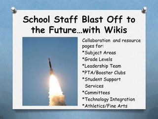 School Staff Blast Off to
 the Future…with Wikis
             Collaboration and resource
             pages for:
             *Subject Areas
             *Grade Levels
             *Leadership Team
             *PTA/Booster Clubs
             *Student Support
              Services
             *Committees
             *Technology Integration
             *Athletics/Fine Arts
 