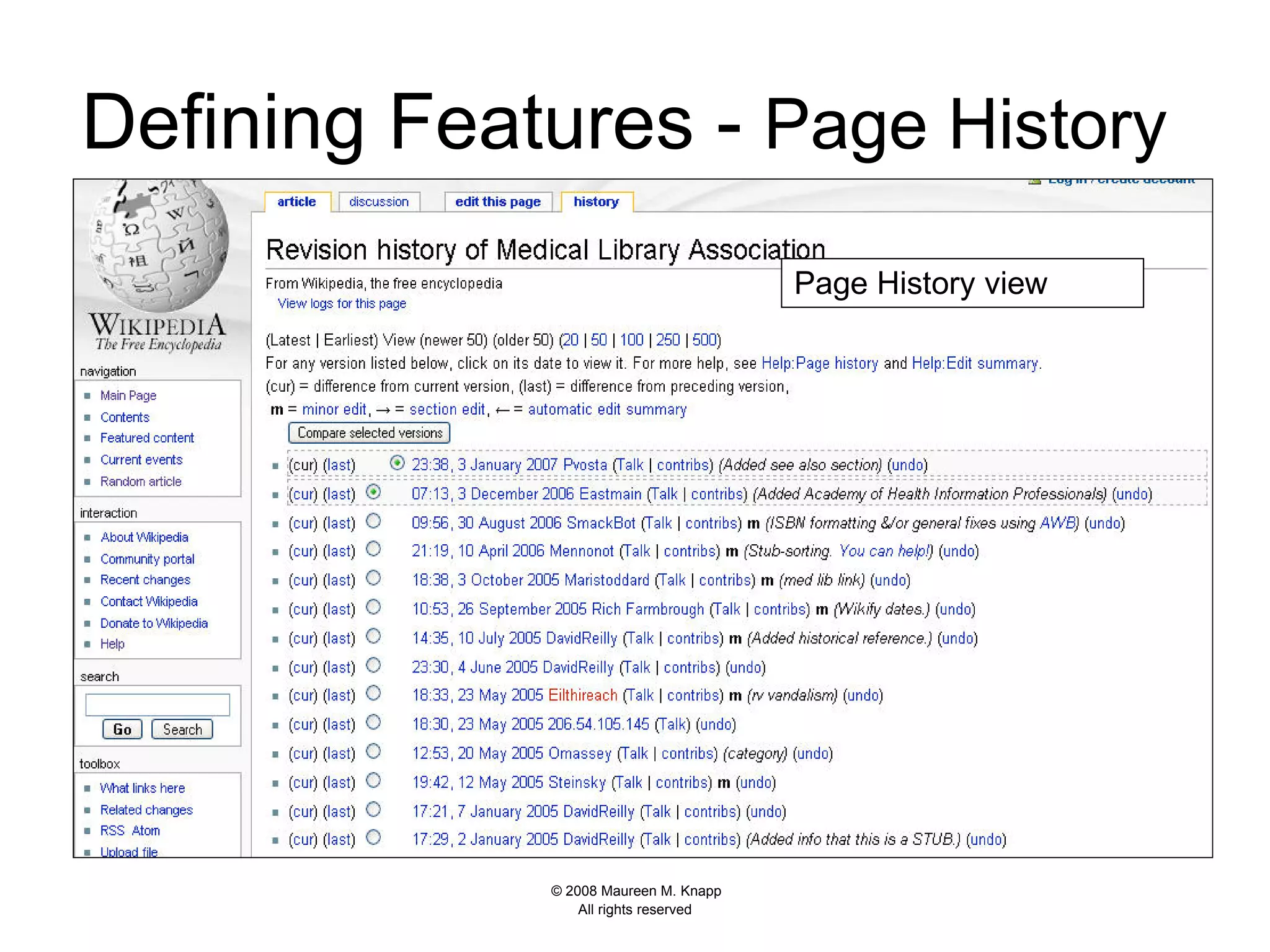 Defining Features -  Page History   Discussion, edit, & history tabs Article Category Page History view 