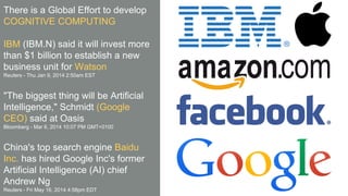 There is a Global Effort to develop
COGNITIVE COMPUTING
IBM (IBM.N) said it will invest more
than $1 billion to establish a new
business unit for Watson
Reuters - Thu Jan 9, 2014 2:50am EST
"The biggest thing will be Artificial
Intelligence," Schmidt (Google
CEO) said at Oasis
Bloomberg - Mar 6, 2014 10:07 PM GMT+0100
China's top search engine Baidu
Inc. has hired Google Inc's former
Artificial Intelligence (AI) chief
Andrew Ng
Reuters - Fri May 16, 2014 4:58pm EDT
 
