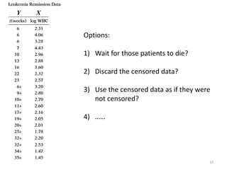 Y   X


        Options:

        1) Wait for those patients to die?

        2) Discard the censored data?

        3) Use the censored data as if they were
           not censored?

        4) ……




                                               10
 