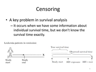 Censoring
• A key problem in survival analysis
  – It occurs when we have some information about
    individual survival time, but we don’t know the
    survival time exactly.




                                                      8
 